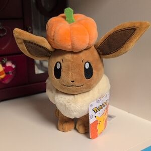 ❤️NWT❤️ Pokemon Evee Plush With Pumpkin On Head, Halloween Pokemon Plush 8"